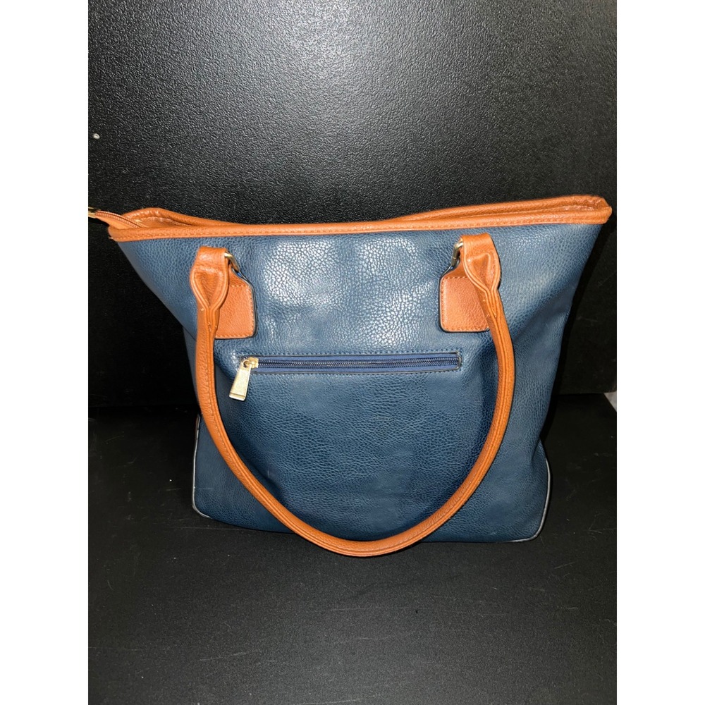 Michael Kors Navy Blue Cognac Brown Pebbled Leather Tote Bag Gold MK Logo Purse - Picture 4 of 5